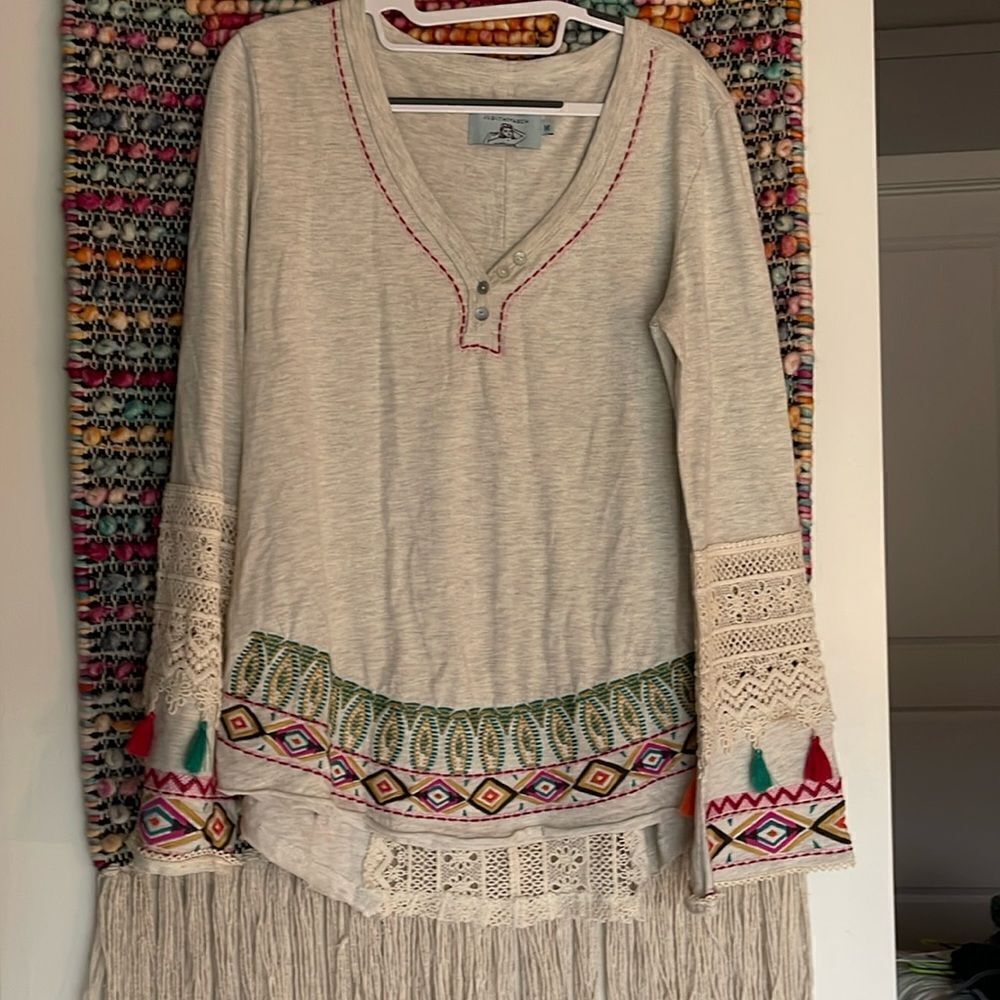 Judith March fun embroidery top with crochet details
